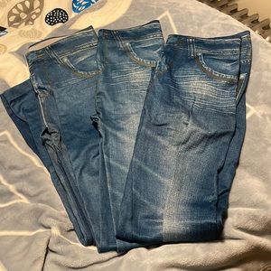 3 soft pairs of jeaneez soft lined leggings that look like jeans